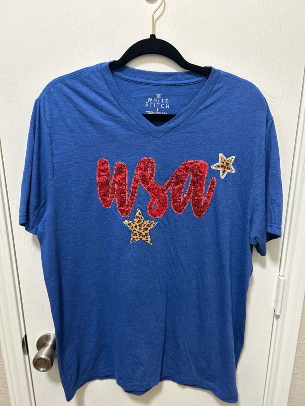 The White Stitch USA Shirt Sequin Cheetah Print Star 4th of July Size Large